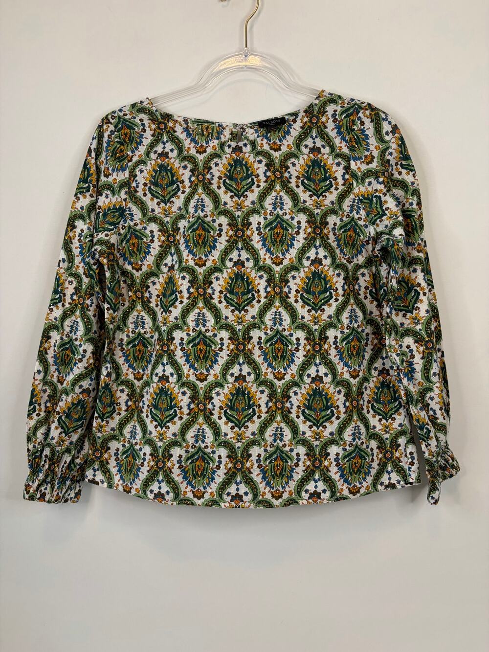 Talbots Green Floral Lattice Top Printed Long Sleeve Blouse Size SP Petite